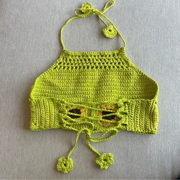 Hand Crocheted Lime Green Sunflower Granny Square Top - Picture 2 of 6